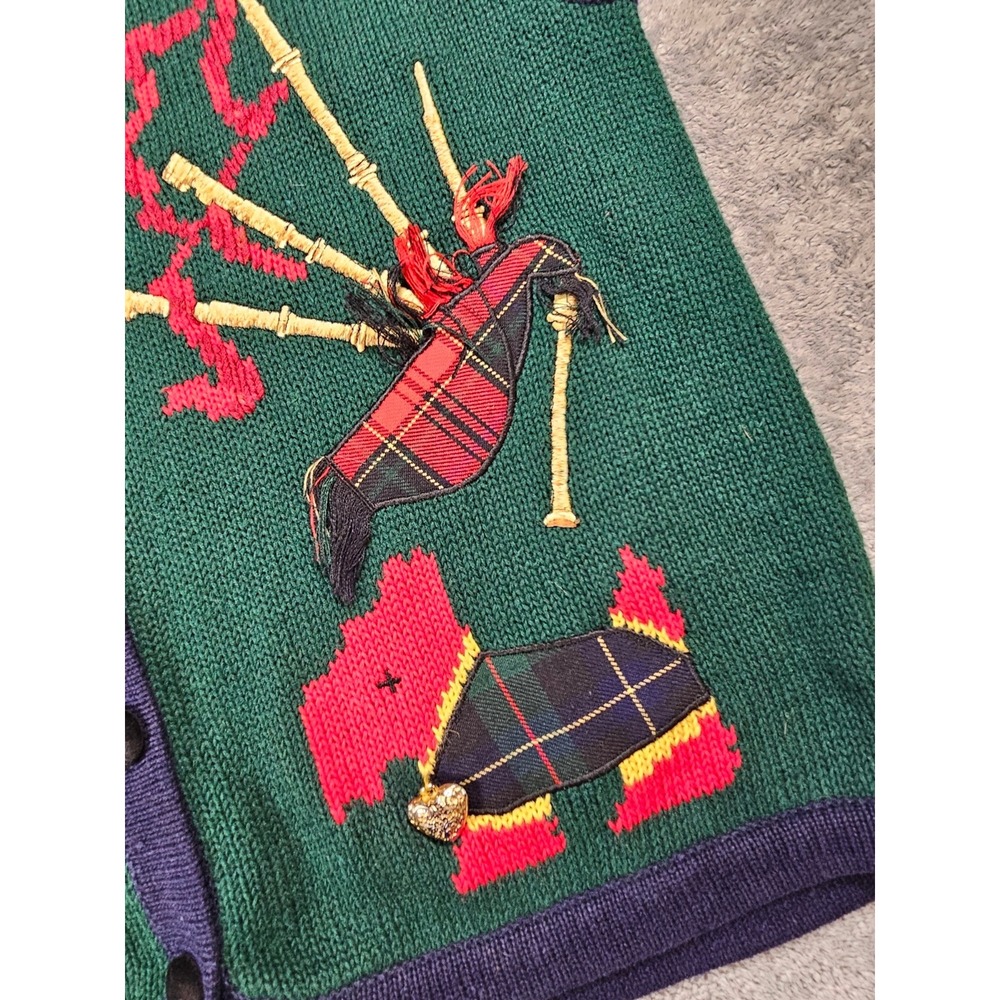 Vintage 1993 Eagles Eye Scottish Scottie Dog Bagpipes Knit Sweater Vest Green M - Picture 3 of 7